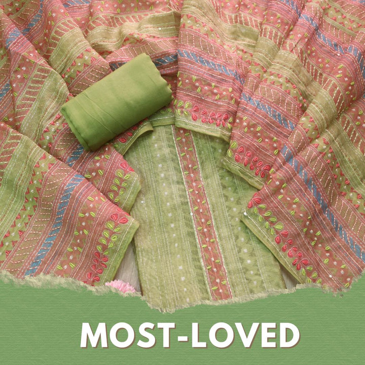 Riwahyaat Peridot Green Digital Printed Kantha Work Chanderi Suit Set