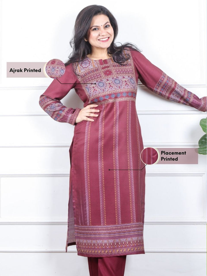 छाया Cherry Maroon Ajrak Placement Print Semi Pashmina Winter Kurti