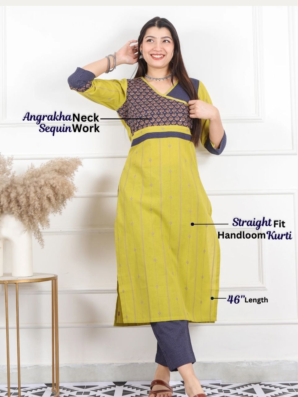 Hanniyaan Minty Yellow Angrakha Neck Work Handloom Cotton Kurti-D2