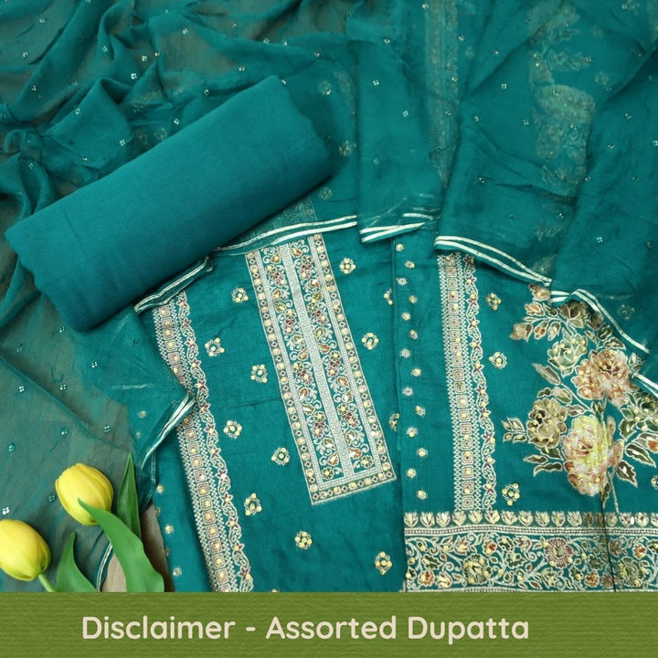 Saundarya Emerald Teal All Over Zari Work with Jacquard Weaved Dola Silk Suit Set