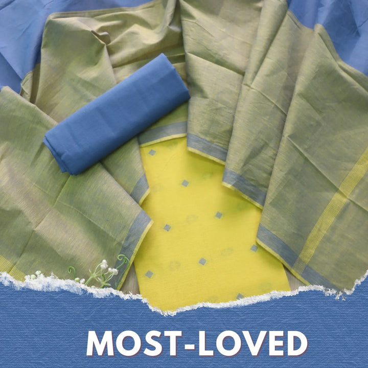 Madhubala Lemon Green All Over Thread Weaved Handloom Cotton Suit Set