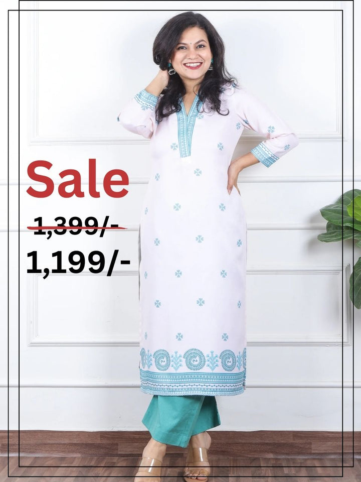 निकुंज White with Blue Madhubani Print V Neck Semi Pashmina Winter Kurti