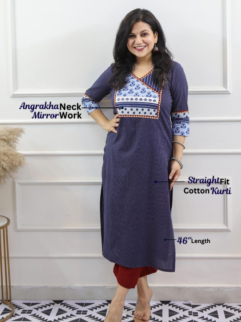 Hanniyaan Amber Blue Angrakha Neck Work Kantha Cotton Kurti