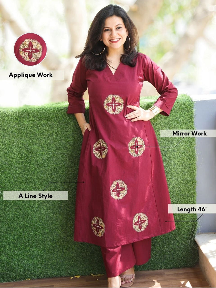 Chanda Blueberry Plum V Neck Applique Work with Mirror Cotton Co-Ord Set