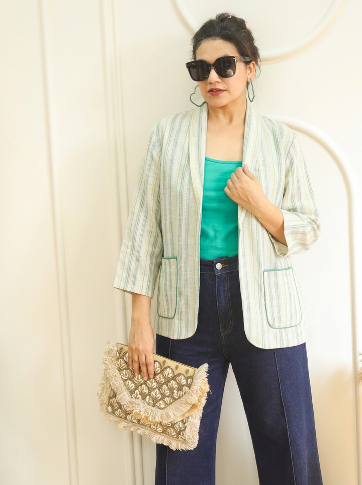 Selena White Mint Check Print Cotton Blazer