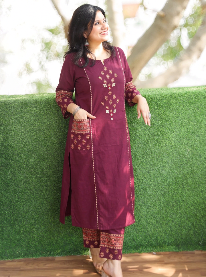 Karishma Burgundy Wine Gujjri Patch with Mirror Panel Style Cotton Co-ord Set