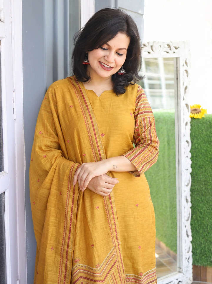Vrinda Mustard Yellow Kolkata Hand Embroidered Linen 3 Piece Set