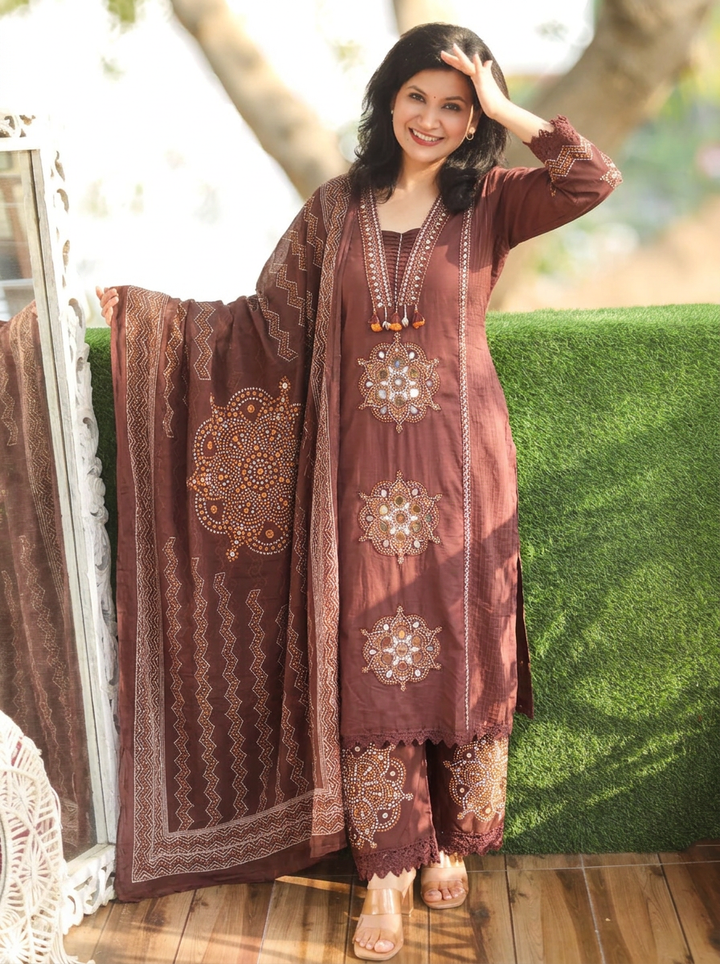 Kavya Brown V Neck Panel Style Cotton 3 Piece Set