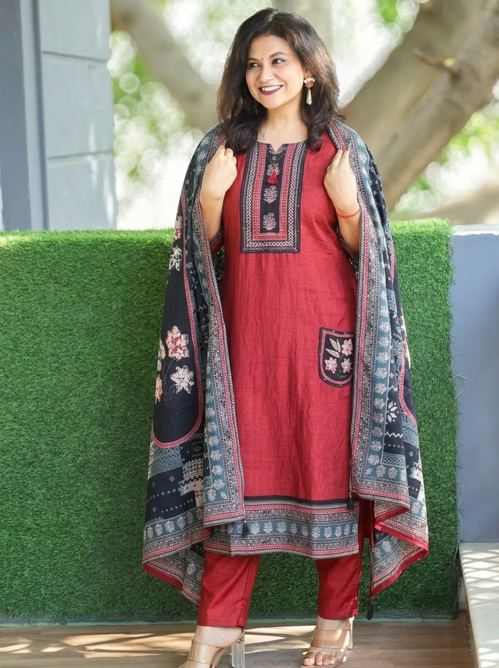 Shreya Berry Red Kardana Work Russian Silk 3 Piece Set