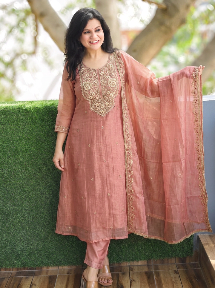 Ragini Dusty Rose Zari Work Crinkle Shimmer Tissue 3 Piece Set