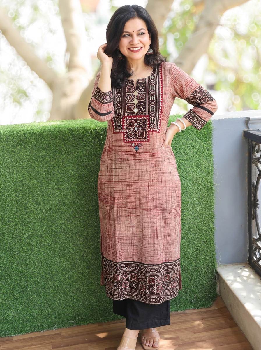 Zariya Beige Black  Ajrakh Yoke Brush Painted Cotton Kurti