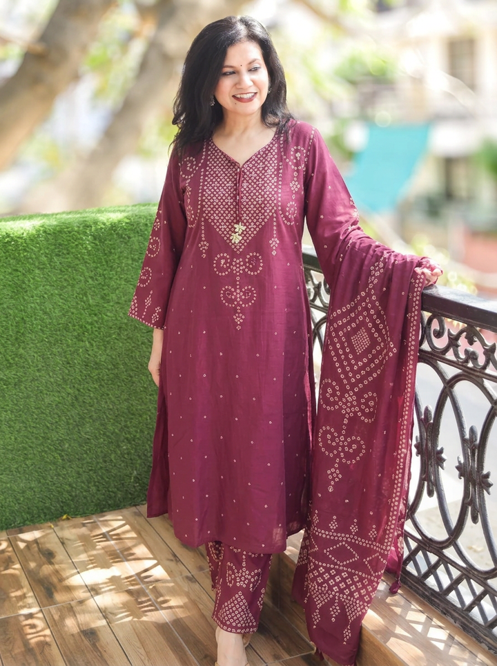 Rudhra Deep Wine Bandhej Print Cotton 3 Piece Set