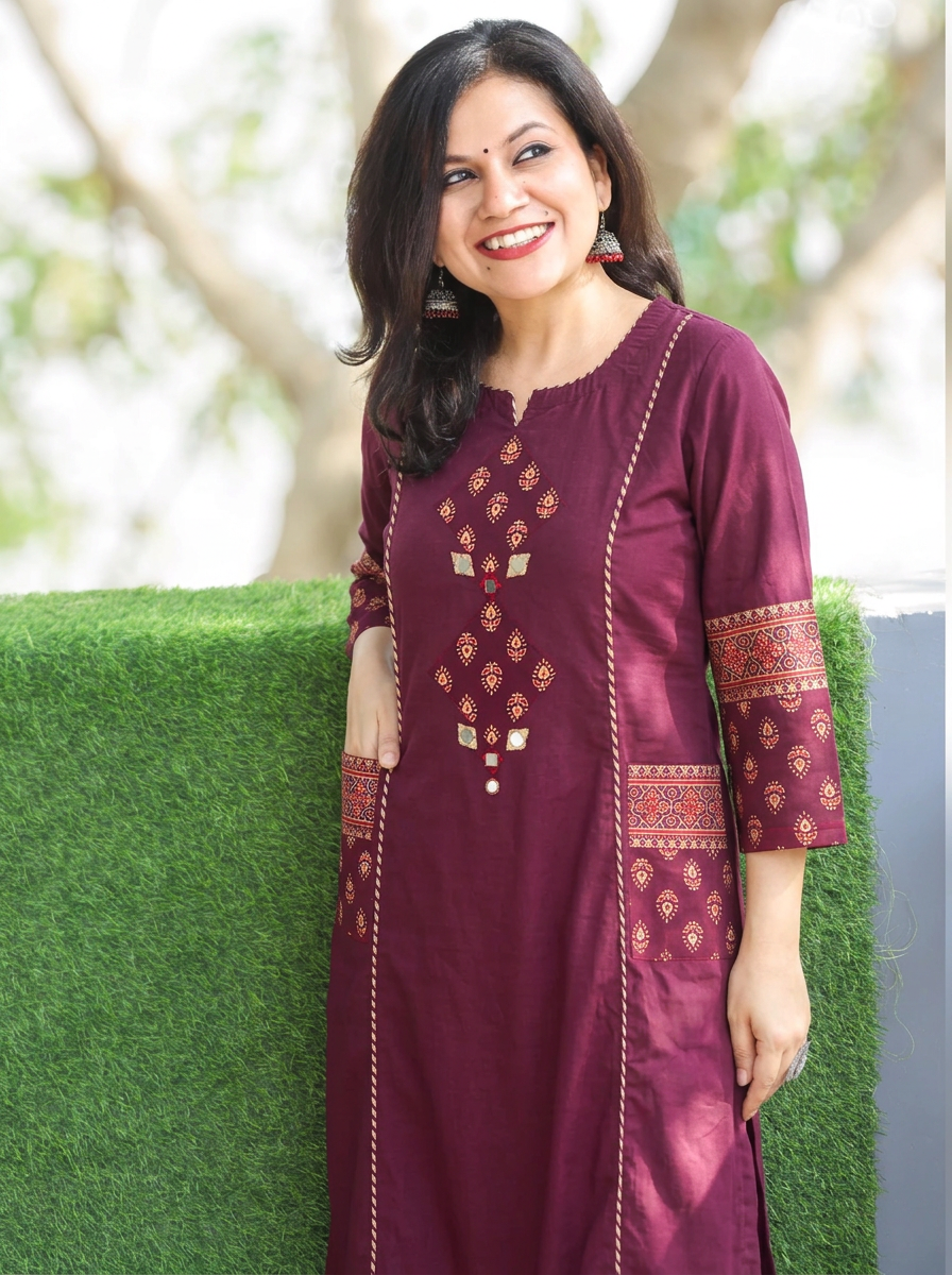 Karishma Burgundy Wine Gujjri Patch with Mirror Panel Style Cotton Co-ord Set