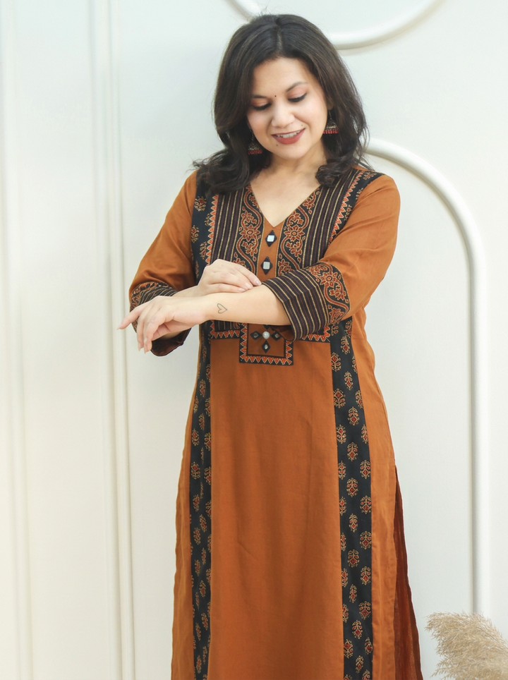 Drishti Burnt Rust Triple Panel Ajrak Yoke with Mirror Cotton Kurti