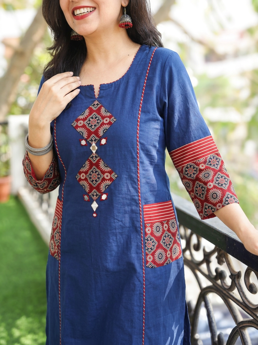Karishma Royal Blue Ajrakh Patch with Mirror Panel Style Cotton Co-ord Set