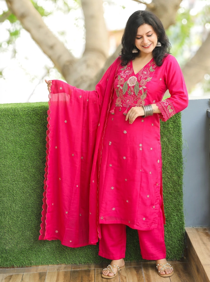 Meghrajni Rani Pink Embroidered Mul Chanderi Set