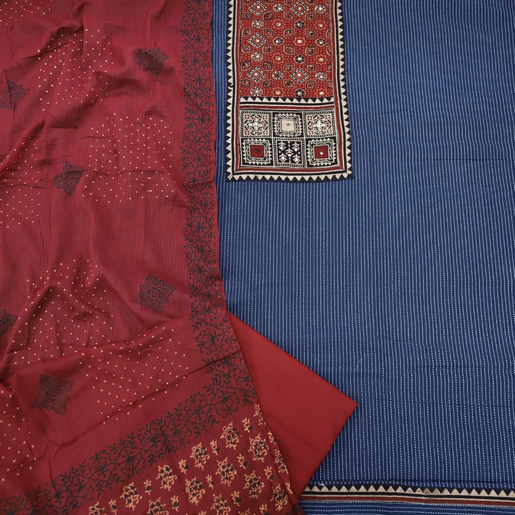 Ruhani Denim Blue Ajrak Cotton Top and Cotton Dupatta