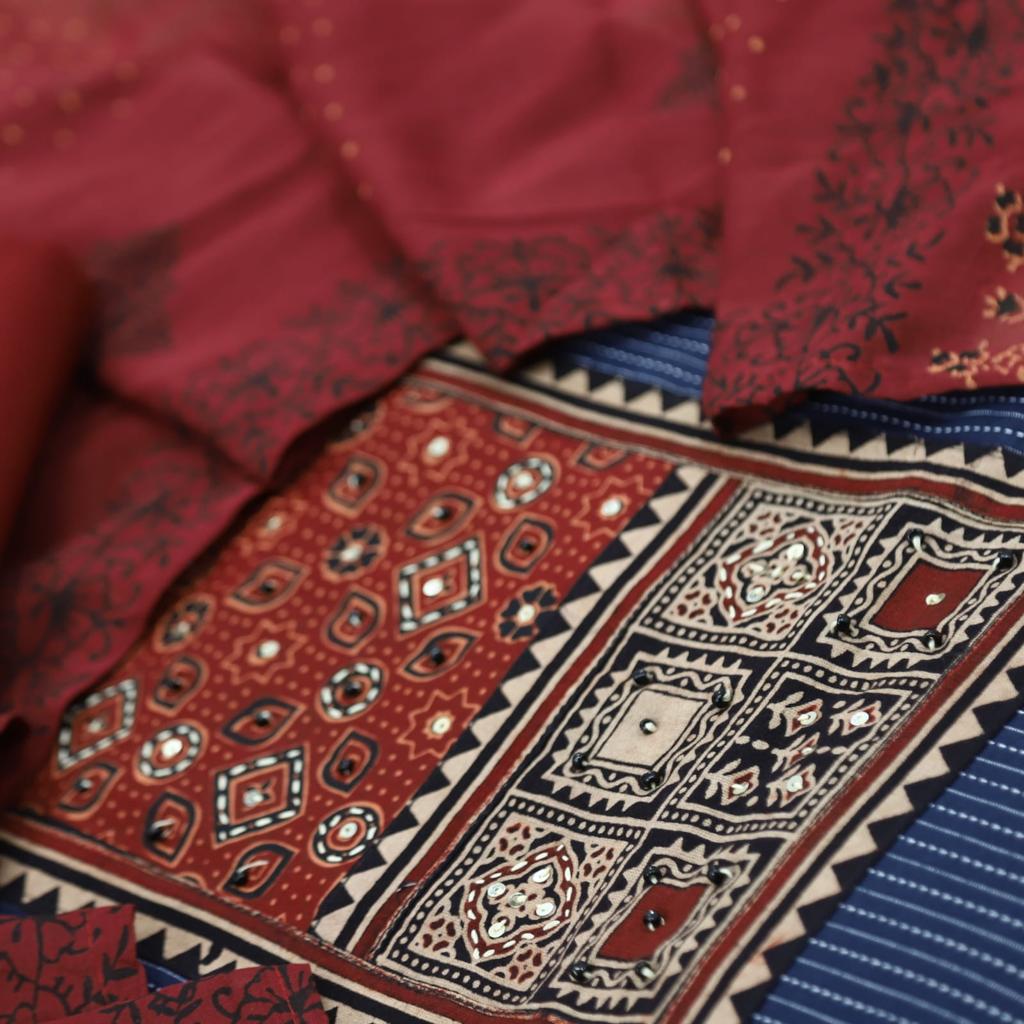 Ruhani Denim Blue Ajrak Cotton Top and Cotton Dupatta