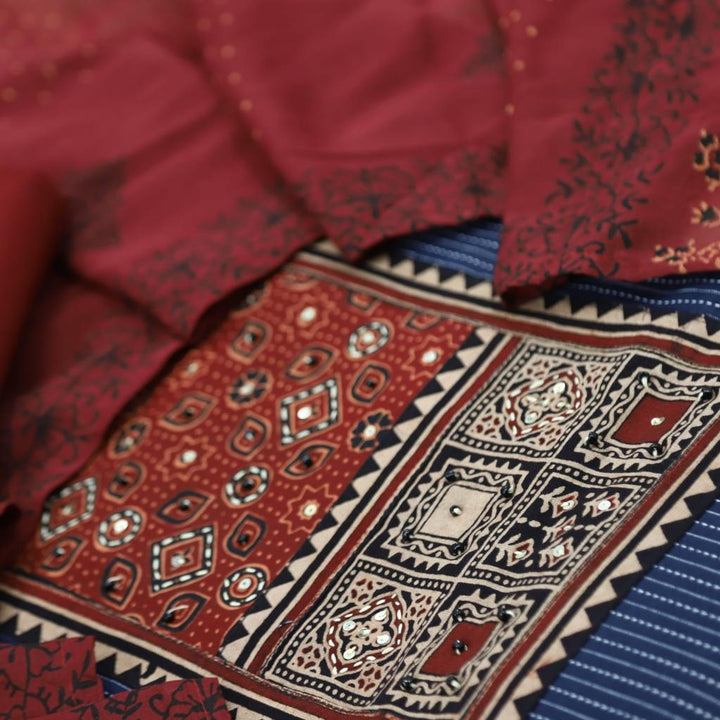 Ruhani Denim Blue Ajrak Cotton Top and Cotton Dupatta