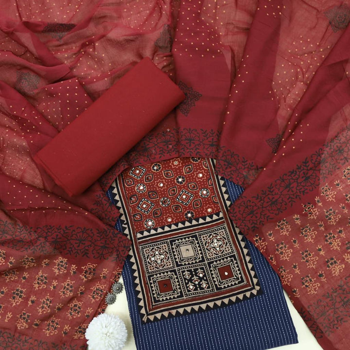 Ruhani Denim Blue Ajrak Cotton Top and Cotton Dupatta
