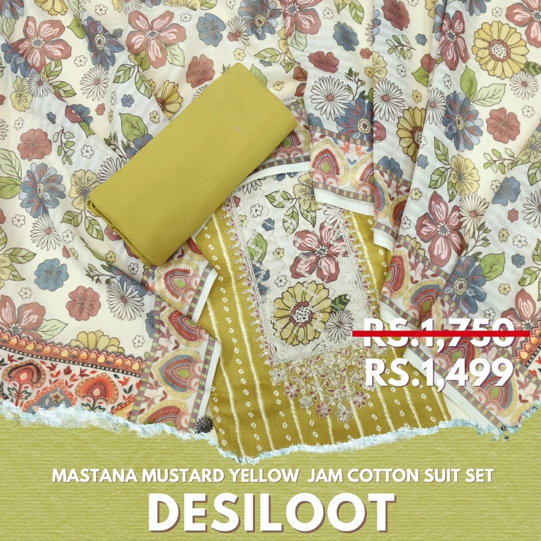 Mastana Mustard Yellow Bandhani Print Zari Work Neck Jam Cotton Suit Set