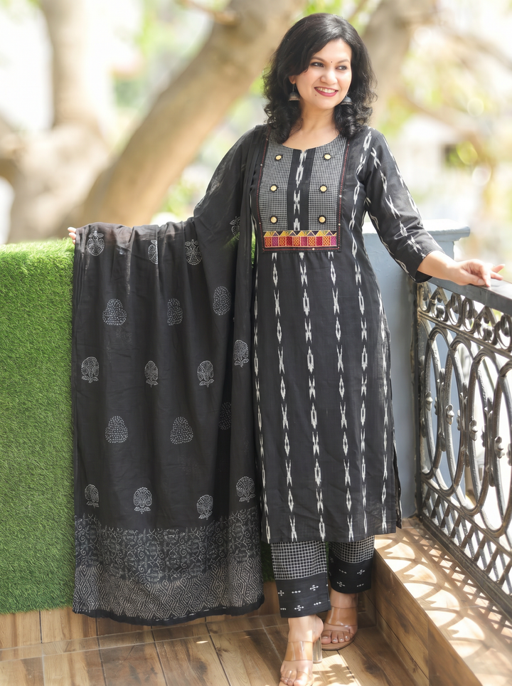 Radhika Black Mirror Embroidered Cotton 3 Piece Set