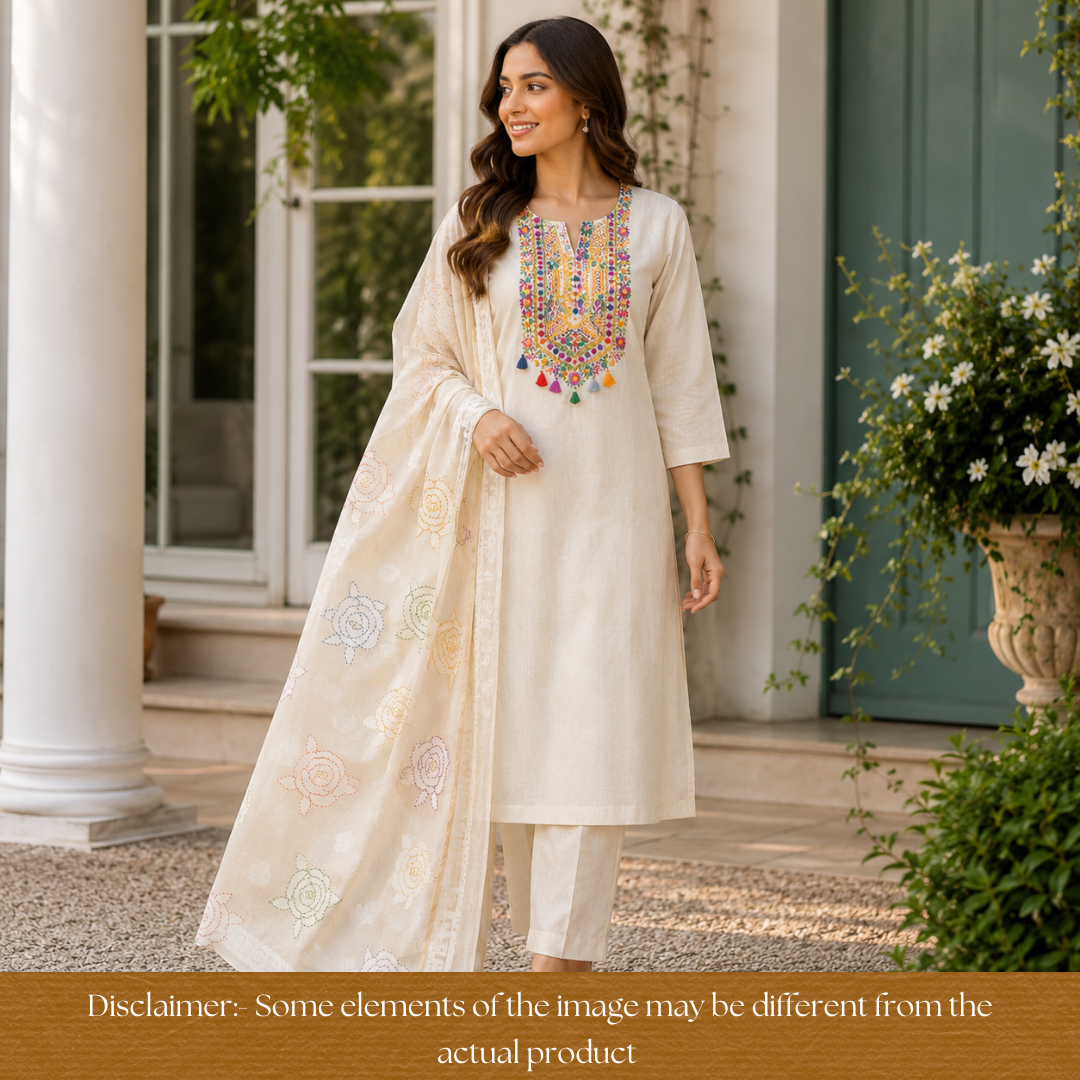 Avika Hazel Beige Kolkata Hand Embroidered Work Chanderi Set D2