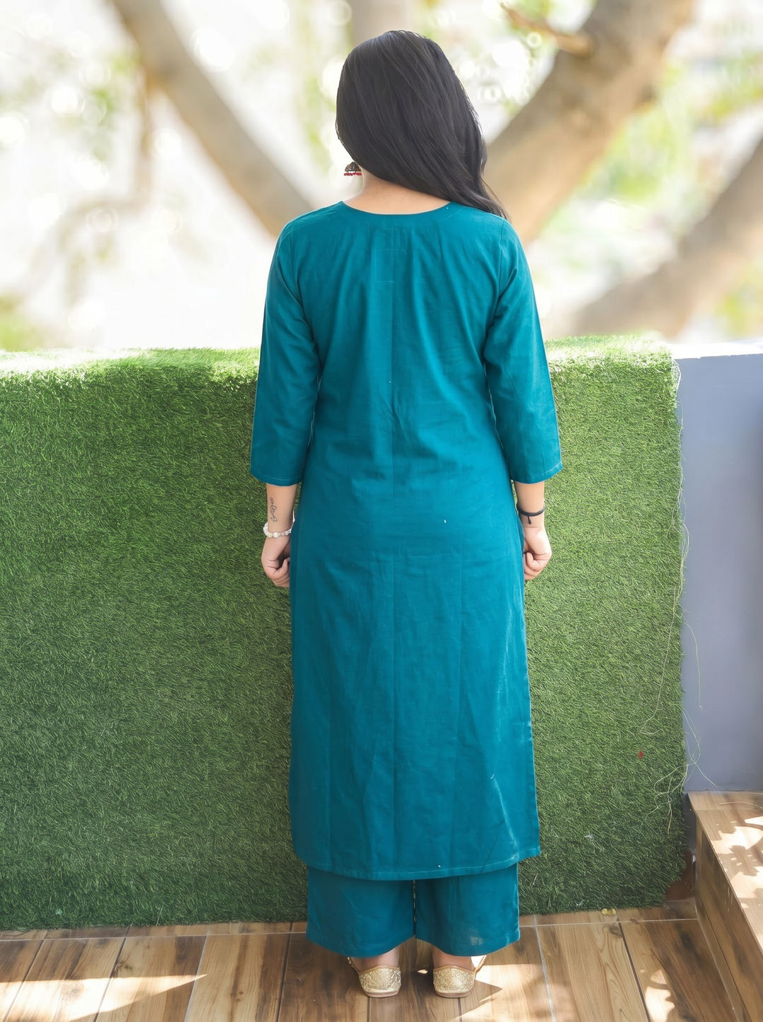 Sridevi Teal Potli with Mirror Ajrak Yoke Cotton Kurti