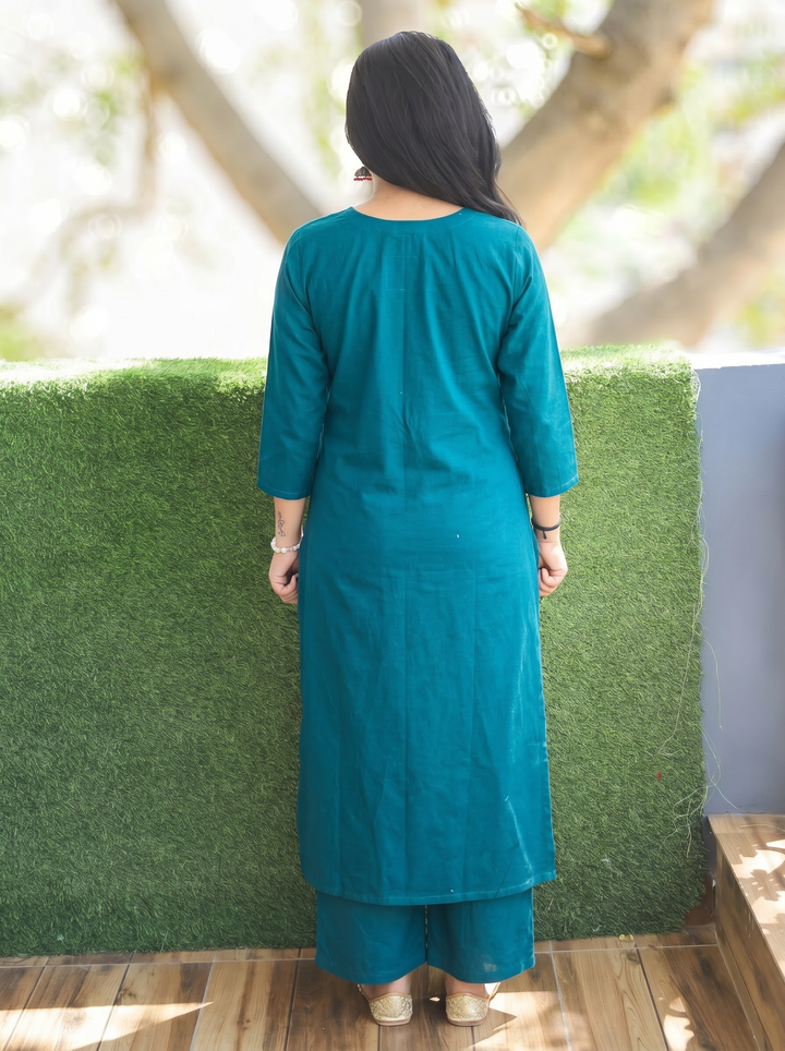 Sridevi Teal Potli with Mirror Ajrak Yoke Cotton Kurti