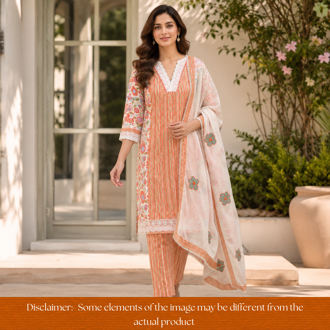 Dulhan Orange Floral and Stripe Panel Print with V Neck Lace Cotton Set