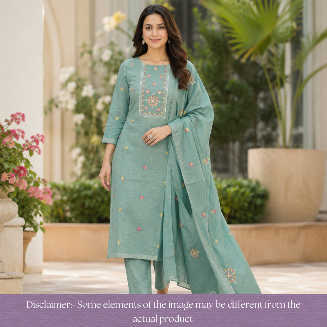 Ruhi Sea Green Embroidered Patch Printed Cotton Set