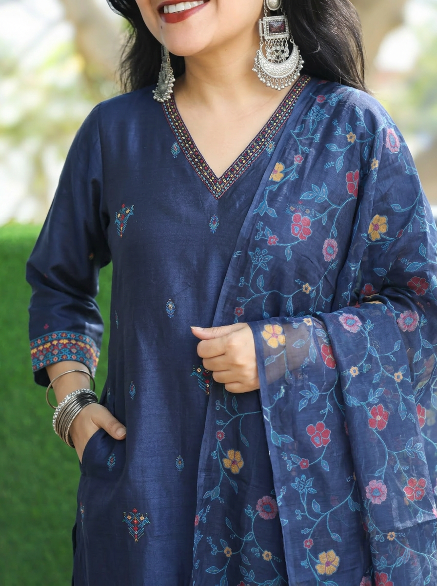 Madhuri Blue Floral Jamdani 3 Piece Set