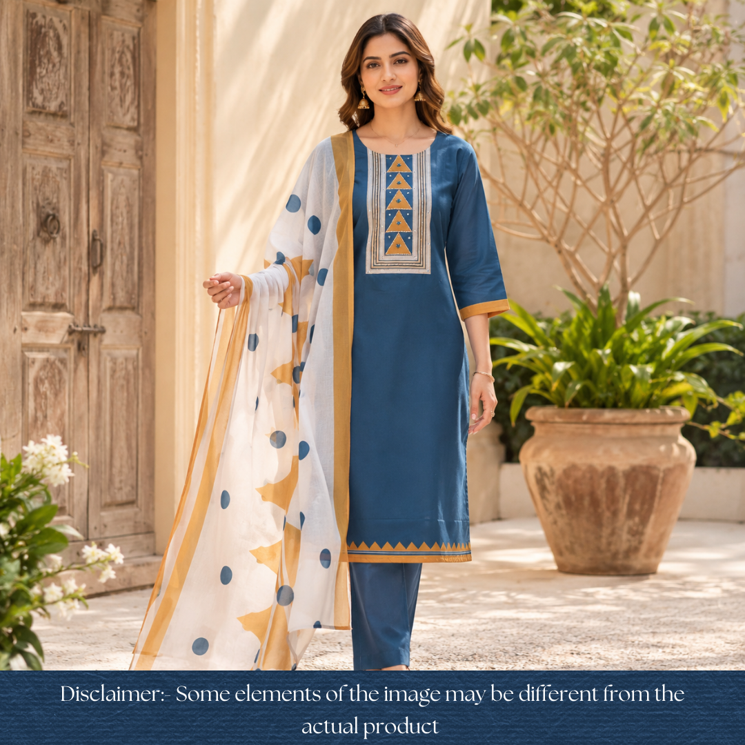 Bansi Ceru Teal Kardana with Printed Yoke and Hem Glazed Cotton Set