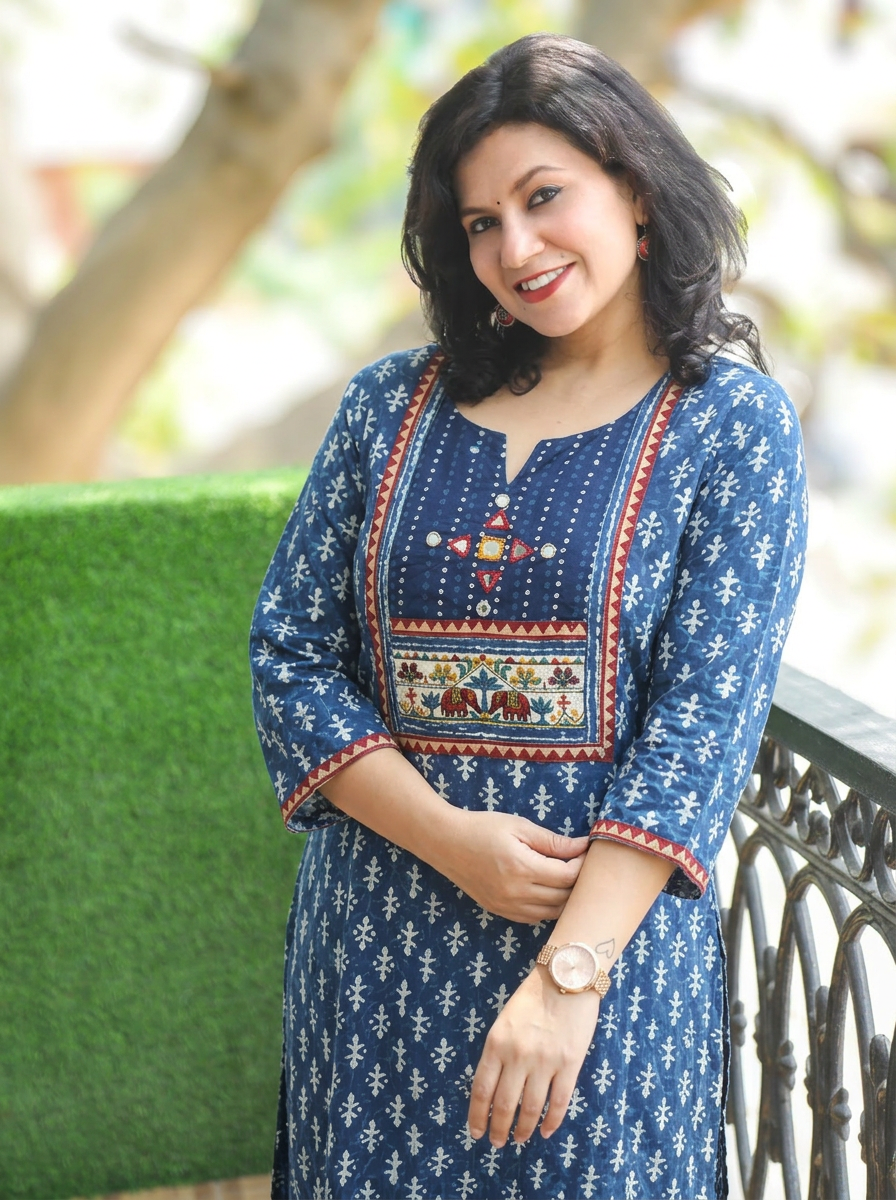 Shardha Prussian Blue Kutch Mirror Dabu Cotton Kurti