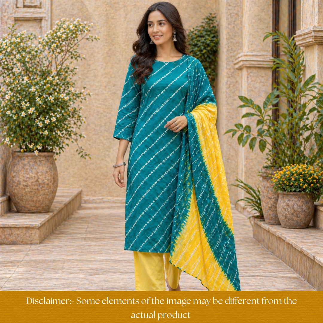 Leher Aqua Teal Leheriya Printed Authentic Bandhej Cotton Satin Set