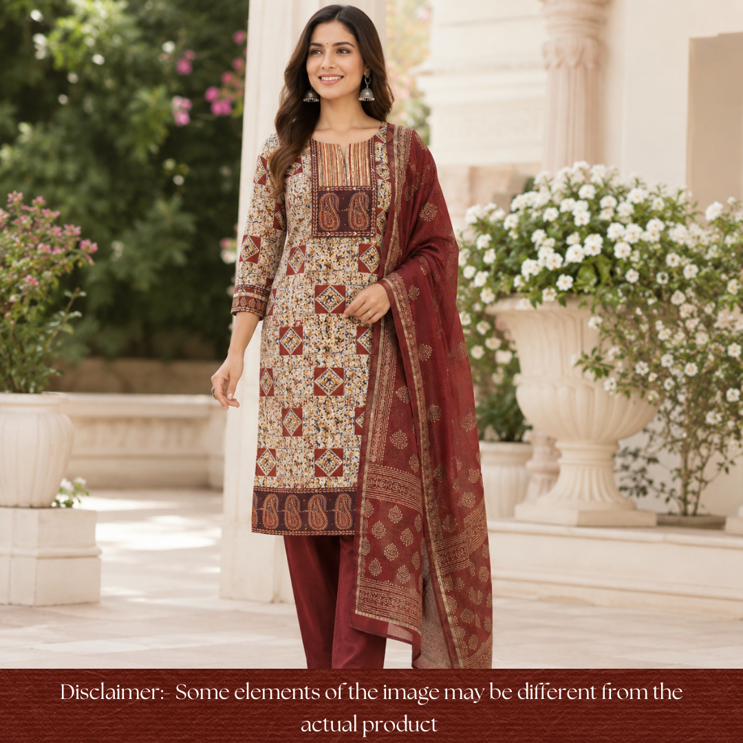 Sufna Barn Maroon Paisley Print Yoke Kalamkari Printed Cotton Set