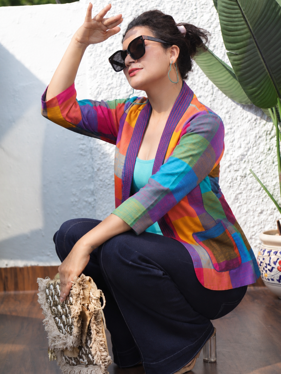 Selena Multicolor Madras Check Cotton Blazer