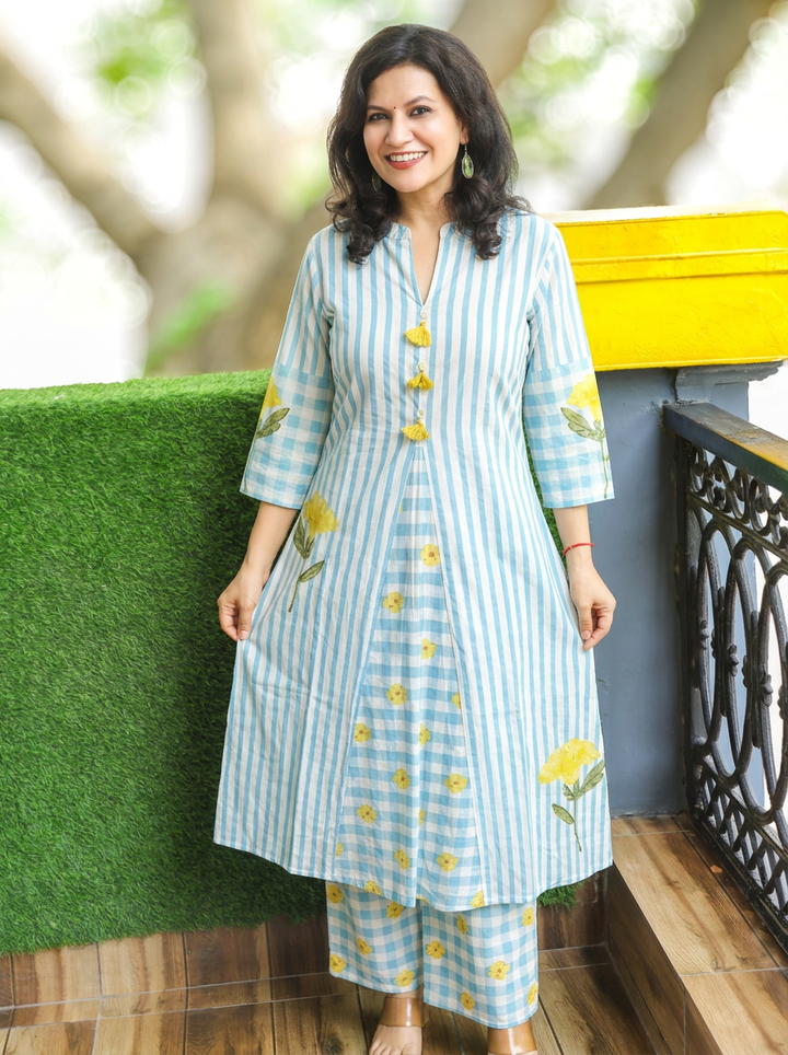 Mahi Powder Blue Ban Collar Stripe Print Co-ord Set