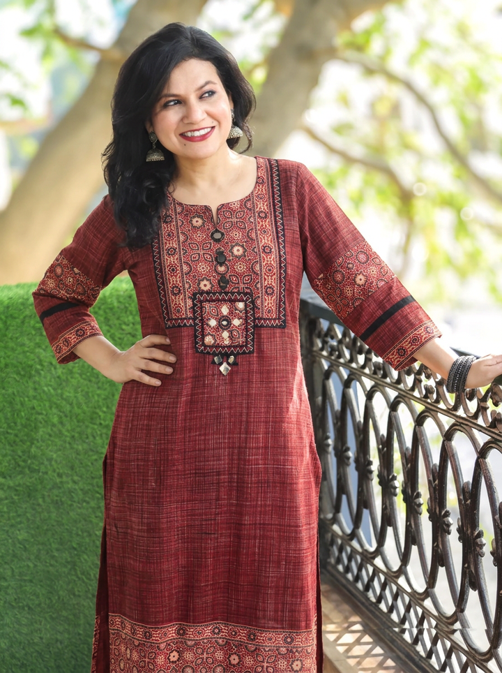 Revika Apple Red Ajrakh Yoke Brush Print 2 Piece Set