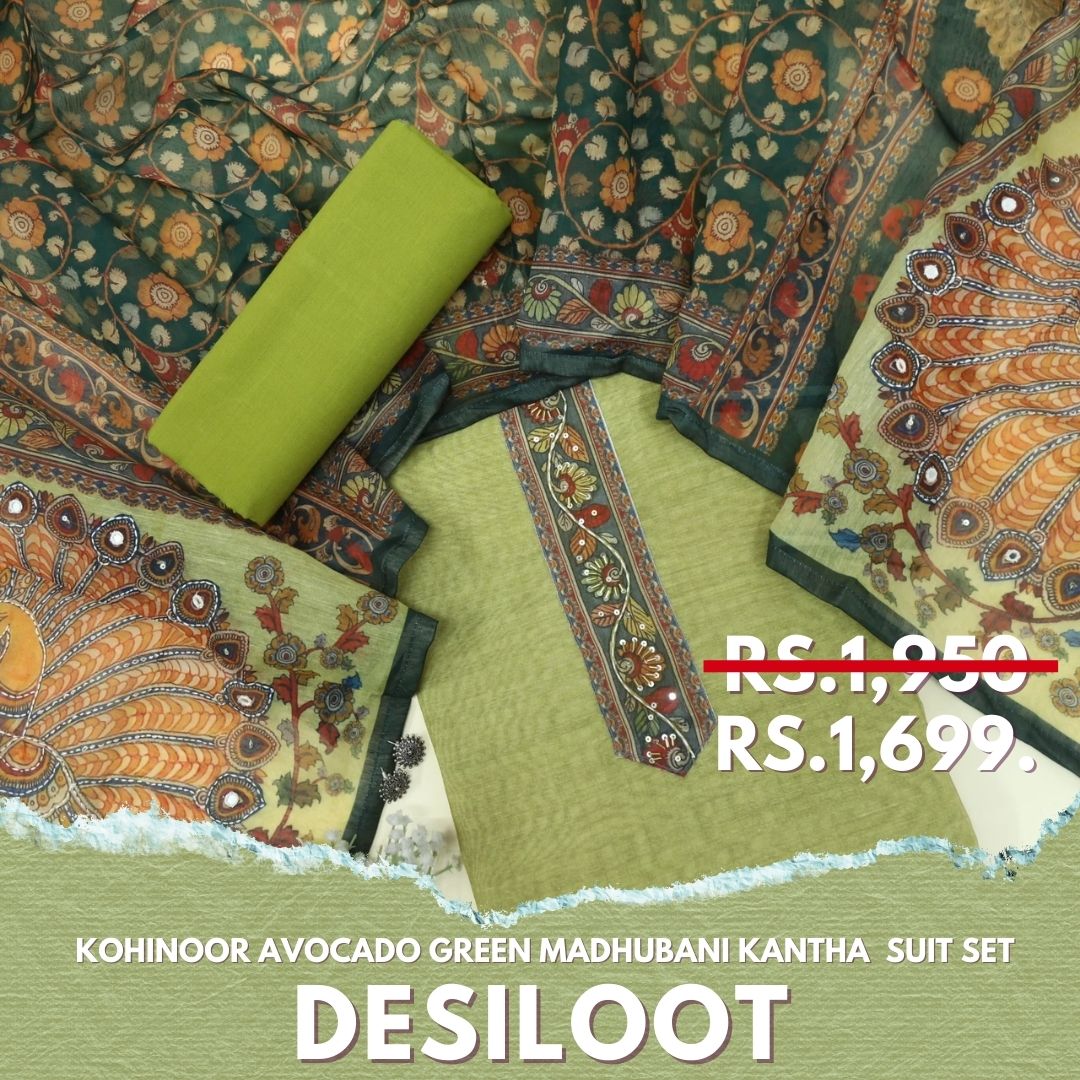 Kohinoor Avocado Green Chanderi Top with Madhubani Kantha Dupatta Set