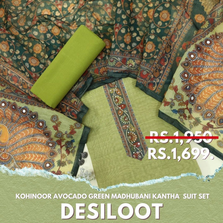 Kohinoor Avocado Green Chanderi Top with Madhubani Kantha Dupatta Set