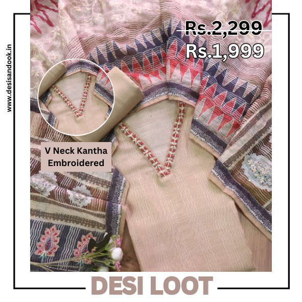 Soniye Peanut Beige V Neck Kantha Embroidered Chanderi Suit Set