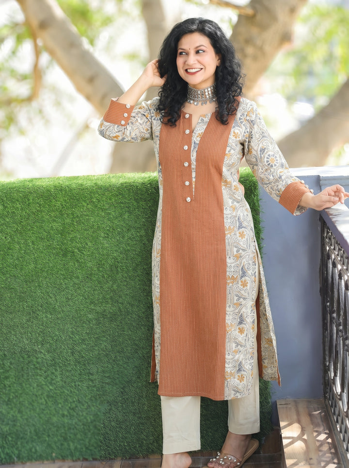 Padma Rust Orange Running Stitch Panel Cotton Kurti