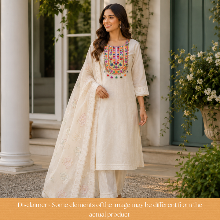 Avika Hazel Beige Kolkata Hand Embroidered Work Chanderi Set D1