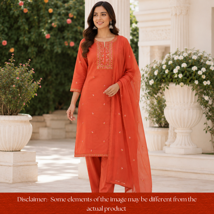 Praushna Tangerine Orange Kolkata Hand Embroidered Mul Cotton Set