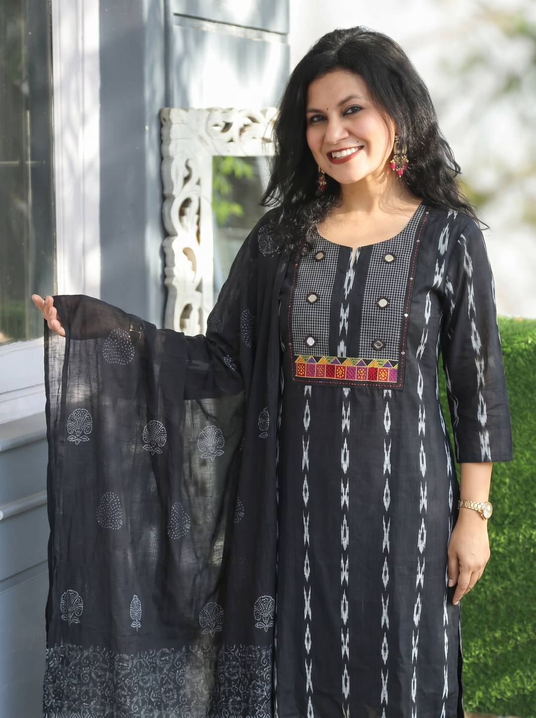 Radhika Black Mirror Embroidered Cotton 3 Piece Set