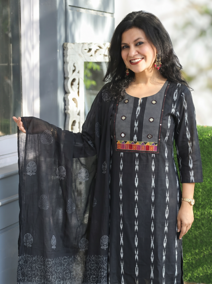 Radhika Black Mirror Embroidered Cotton 3 Piece Set