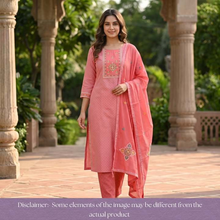 Ruhi Frosty Pink Embroidered Patch Printed Cotton Set