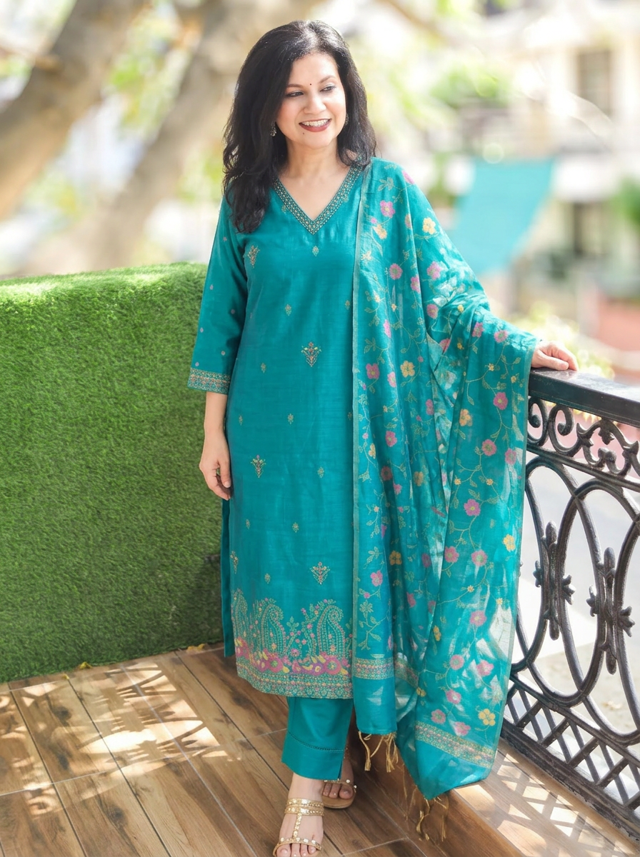 Madhuri Teal Floral Jamdani 3 Piece Set
