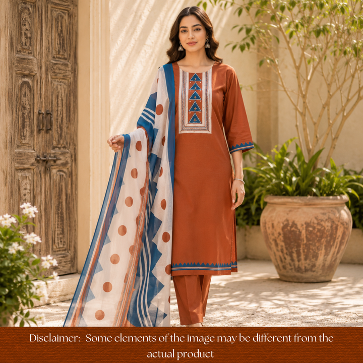 Bansi Burnt Rust Kardana with Printed Yoke and Hem Glazed Cotton Set
